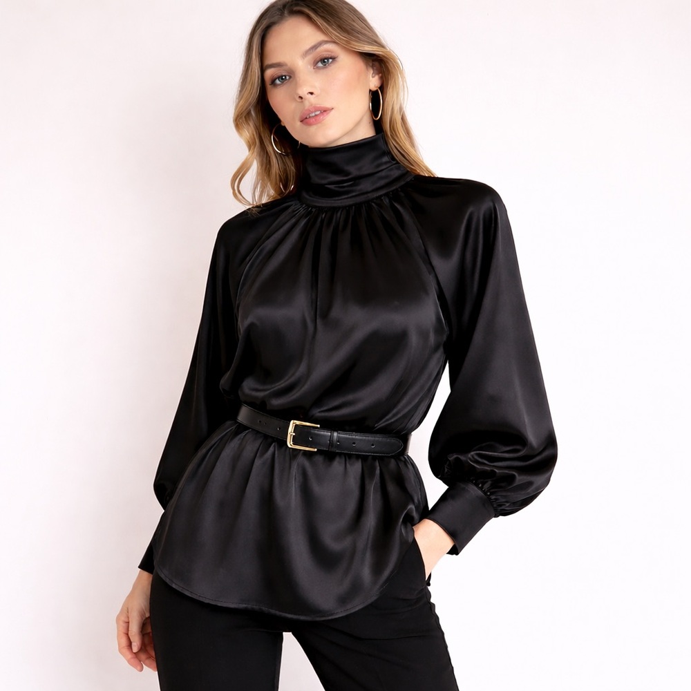 🖤Y2K Black Satin High-Neck Blouse | Adjustable Collar 🖤 - Picture 3 of 14